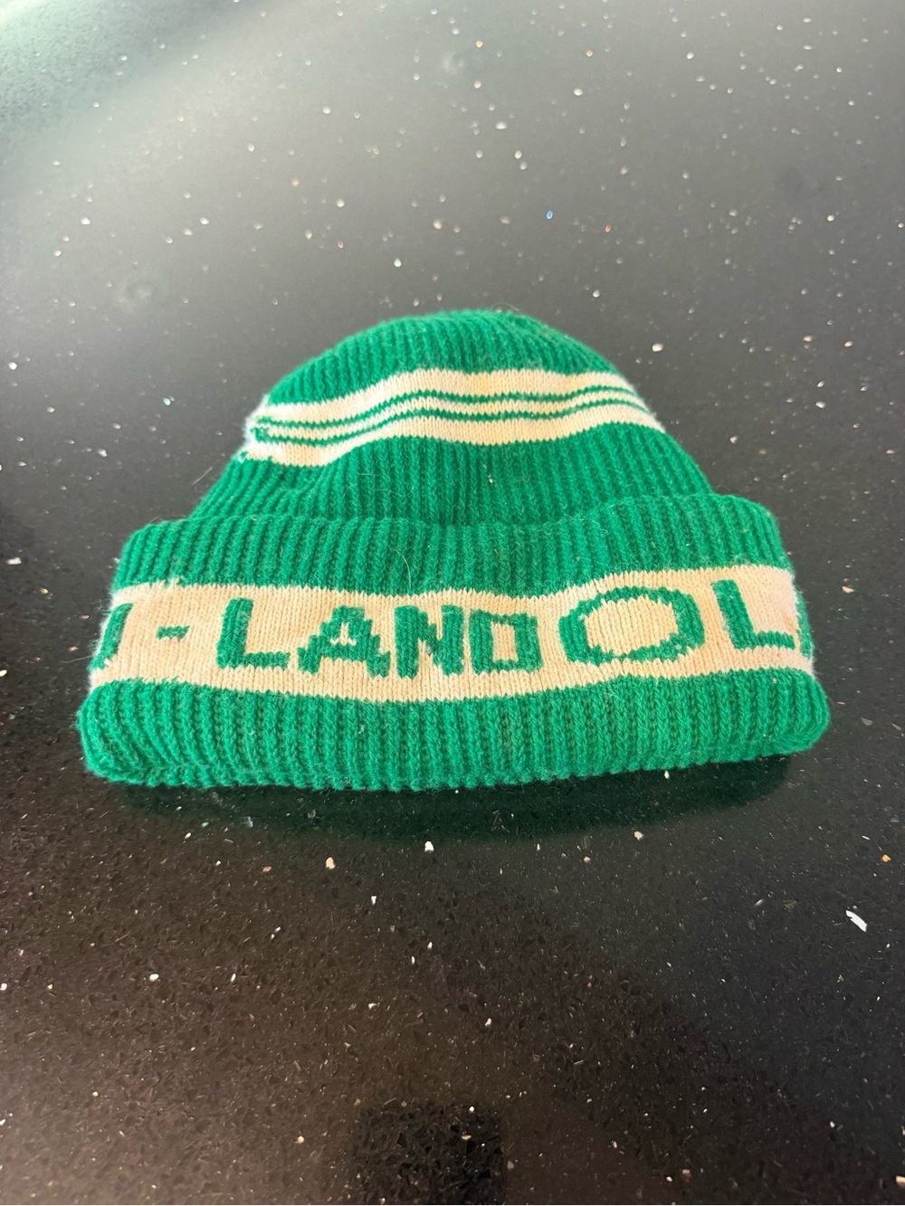 Land O Lakes Butter Green Knit Beanie Hat with Cream Stripe
